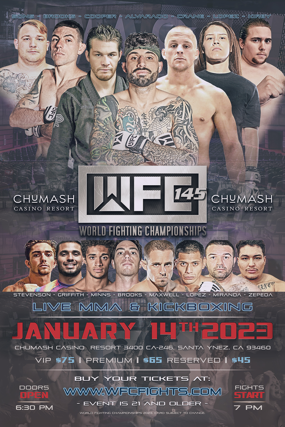 WFC 145 LIVE MMA and Kickboxing January 14th, 2023 at Chumash Casino